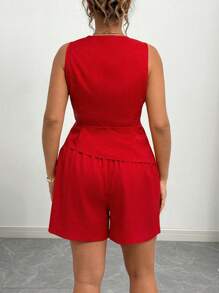 Elenzga Set de 2 piezas talla grande con top de tirantes asimétrico de encaje rojo vintage y pantalones cortos a juego