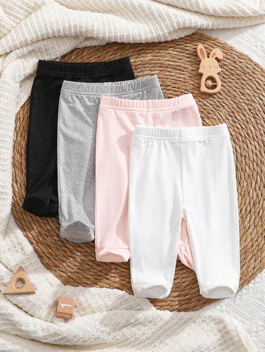 SHEIN Set de 4 piezas de pantalones sin pies de bebé recién nacido de unicolor blanco, rosa, negro y gris - Tela de punto acanalada suave y amigable con la piel, ajuste cómodo, adecuado para todas las estaciones, lindo y sencillo, elástico y fácil de poner y quitar, buen valor, adecuado para el hogar, salidas, vacaciones y uso diario, 0-3 meses, nueva llegada de primavera/verano, conjunto de ropa de niña bebé - Multicolor - Ver 1