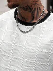 Manfinity CasualCool Manfinity 休閒酷感男士幾何紋理撞色羅紋無袖背心，白色，夏季，優雅，街頭風，城市度假，寬鬆圓領禮物，假期 - 白色 - 查看 4