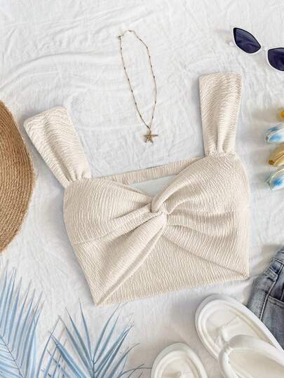 Soleia 女士蓝色针织金属线扭结甜心领露背短款度假上衣