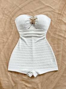Soleia Salopă tip bandeau din material texturat tricotat jacquard, albă, cu accente metalice, pentru vacanță la plajă