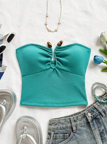 Soleia Women's Teal Blue Summer Casual Vacation Holiday Knitted Textured Strapless Asymmetrical U-Shaped Button Gathered Cropped Top,Fitted Party - Pink - View 4