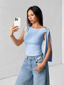 SHEIN PETITE Women Solid Color Cropped Tie Strap Asymmetrical Shoulder Top ,Petite Women - Baby Blue - View 4