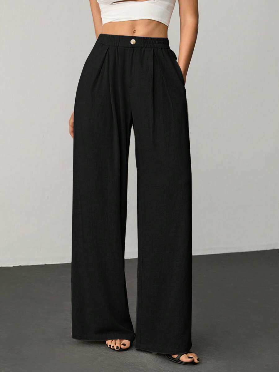 SHEIN Tall 夏季度假杏色竹纤维水洗梭织松紧腰女式休闲阔腿裤休闲度假基本款 - 黑色 - 查看 1