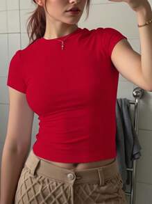 INAWLY 女士纯色圆领短袖T恤，夏季时尚 - 紅色 - 查看 3