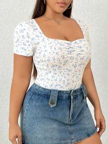 SHEIN EZwear Plus Size Summer Casual Blue & White Ditsy Floral Bodysuit - Blue and White - View 4