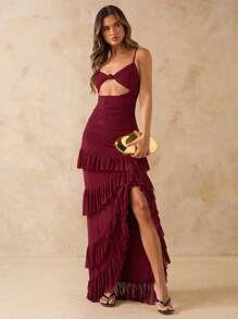 SHEIN BAE 女式纯色酒红色高开衩露背荷叶边下摆网眼连衣裙，适合海滩度假、约会、早午餐、婚礼宾客穿着，春夏季 - 酒紅色 - 查看 4