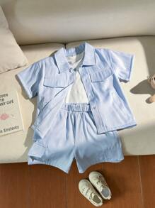 2件套男童纯色前扣短袖T恤和松紧腰短裤套装