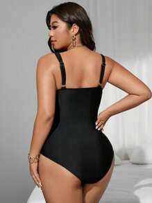 Swim SXY 大码女式交叉双色网眼拼布修身连体泳衣，夏季海滩度假 - 黑色 - 查看 2