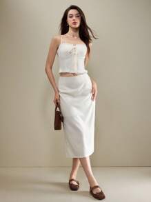 Muvela Women Two Pieces Outfit For Daily Wear Summer Skirt And Top Set - Apricot - View 1