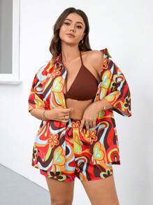 Flirla Bộ 3 món cỡ lớn: Áo trễ vai in hoa + Áo Bandeau + Quần short in hoa, Phong cách ngày lễ thường ngày - Nhiều màu - Xem 3