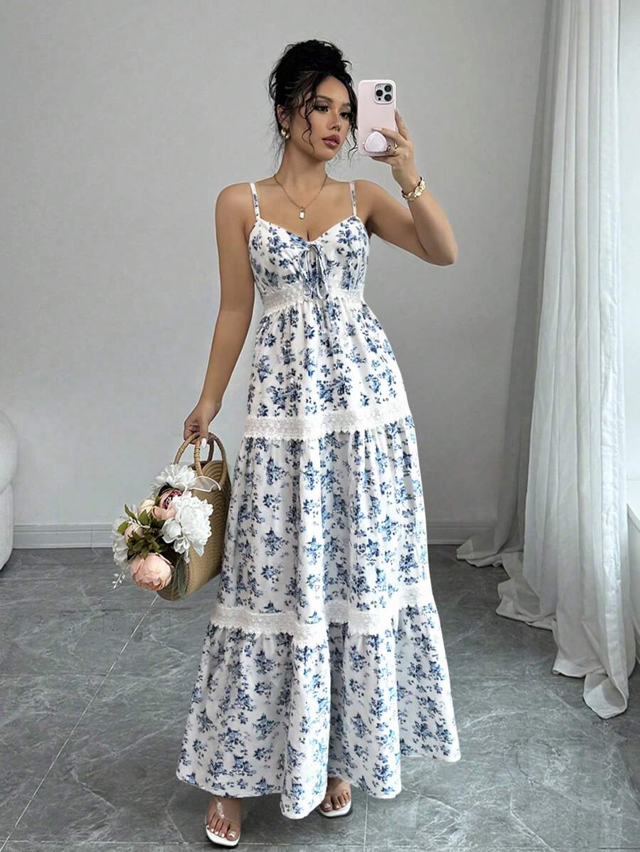 Rafferiza Váy suông in hoa cho nữ có cạp chun eo, trang phục nghỉ dưỡng thanh lịch - Xanh và trắng - Xem 1