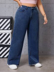 SHEIN ICON 夏季大码女式宽松蓝色带口袋牛仔裤 - 深色水洗藍 - 查看 6
