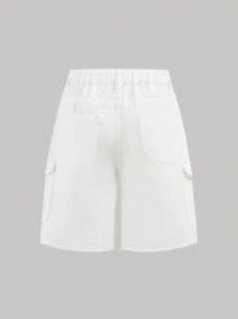 SHEIN Girlism Tween Girl Y2K 纯色宽松休闲牛仔工装短裤，夏季服装 - 白色 - 查看 2