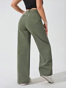 Jeanoix Pantalones vaqueros casuales de unicolor simple para mujer - Verde militar - Ver 3