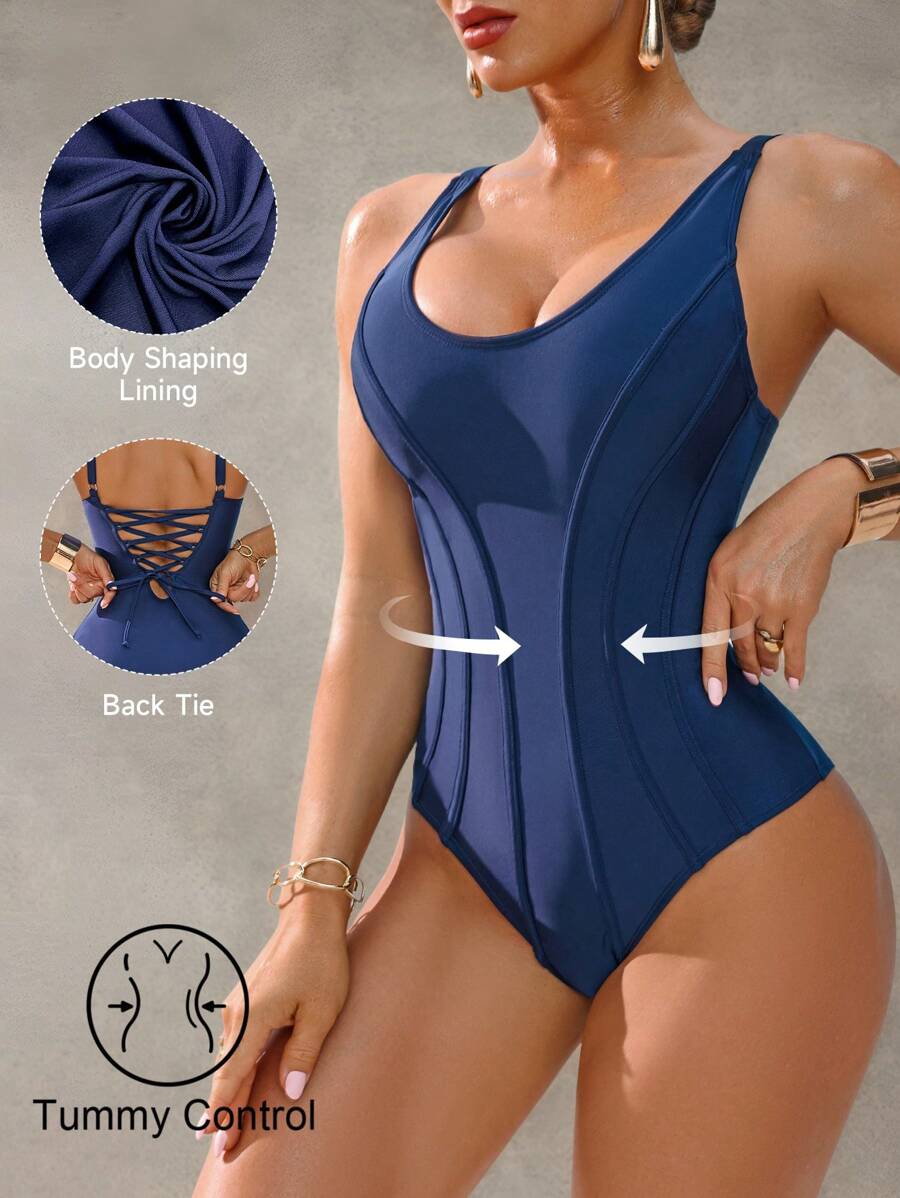 Shapewave 1pc Women Tummy Control Pushup One-Piece Swimsuit, Dark Blue, Elegant Casual For Spring Summer Vacation Beach Party Music Festival - Blue - View 1