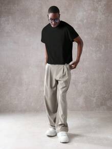 SUMWON 基本款短款盖袖棉质平纹针织 T 恤宽松剪裁夏季休闲运动舒适家居服街头服饰现代都市基本款高级 - 黑色 - 查看 4