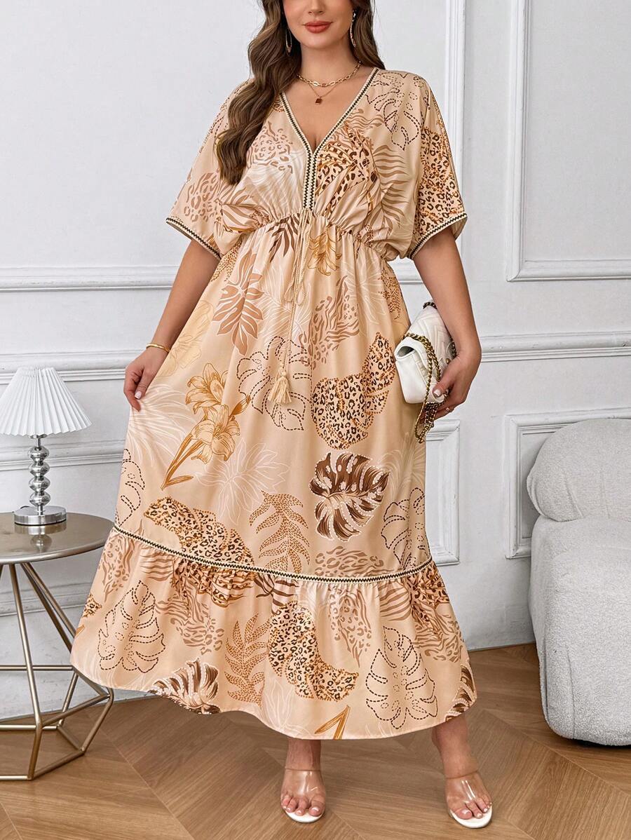 SHEIN Clasi Plus Size Elegant Printed V-Neck Waist Cinching Dress,Long Flowing Beautiful Dress Dresses For Women Summer Dresses For Women