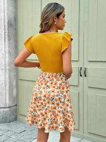 SHEIN Clasi 女士圆领荷叶袖迷你连衣裙，碎花印花，橙/姜黄色，弹力针织面料，优雅日常/度假装，春夏款，女士夏季连衣裙 - 彩色 - 查看 2
