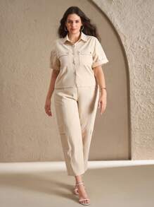 Chikora Plus Size Women 2 Pieces Set,White,Summer,Smart Casual,Everyday Elegant Open Front Shirt & Tapered Pants With Pockets,Short Sleeve Workwear Suit - Apricot - View 7