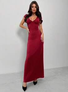 Firerie Đầm maxi ôm sát cơ thể thanh lịch, gợi cảm, đa năng dành cho nữ dịp Lễ Tình nhân, cổ chữ V sâu, tay ngắn, thiết kế thắt eo, đầm ôm sát. - Màu Đỏ Sâu - Xem 6