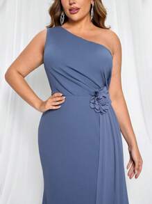 SHEIN Belle Elegantes romantisches Brautjungfernkleid in Große Größen mit asymmetrischer Schulter, Taille, Blumen-Applikationen und fließendem Meerjungfrauen-Saum, Blau - Graublau - Übersicht 7