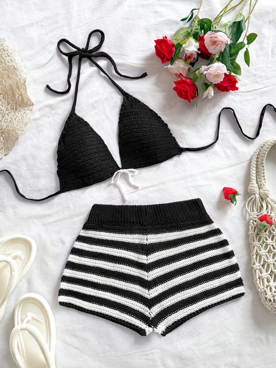 Soleia 2pcs/Set Holiday Beach Decoration Red & White Striped Bikini Sweater Set In Fall/Winter - Black and White - View 1