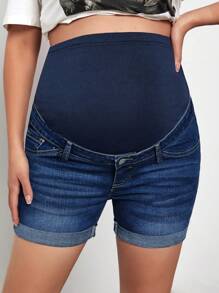 SHEIN Quần short denim lưng thun co giãn màu xanh dành cho bà bầu mùa hè - Rửa tối - Xem 1