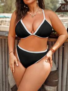 Swim Mod 大码女式两件套海滩度假拼色吊带背心3三角罩杯性感分体比基尼泳装套装，休闲 - 彩色 - 查看 5