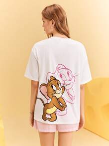 TOM & JERRY X SHEIN Women's Couple Y2K Street White Cute Jerry Cartoon Pattern Crew Neck Short Sleeve T-Shirt, Summer