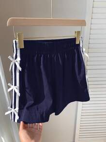 Comfortcana Navy Blue Casual Women's Shorts With Side White Stripe And Bow Detail, Summer,Flowy Shorts