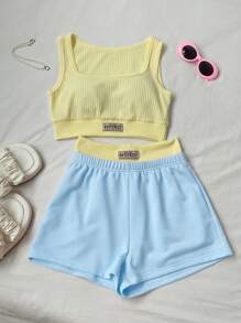 Comfortcana Bộ 2 món/Bộ áo ba lỗ in chữ và quần short thường ngày mùa hè cho nữ - Nhiều màu - Xem 8