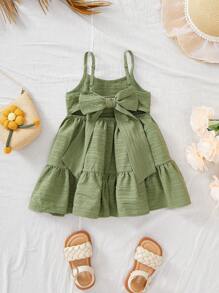 SHEIN Vestido corto holgado con textura de tirantes sueltos en verde, adecuado para vacaciones de verano para bebé niña