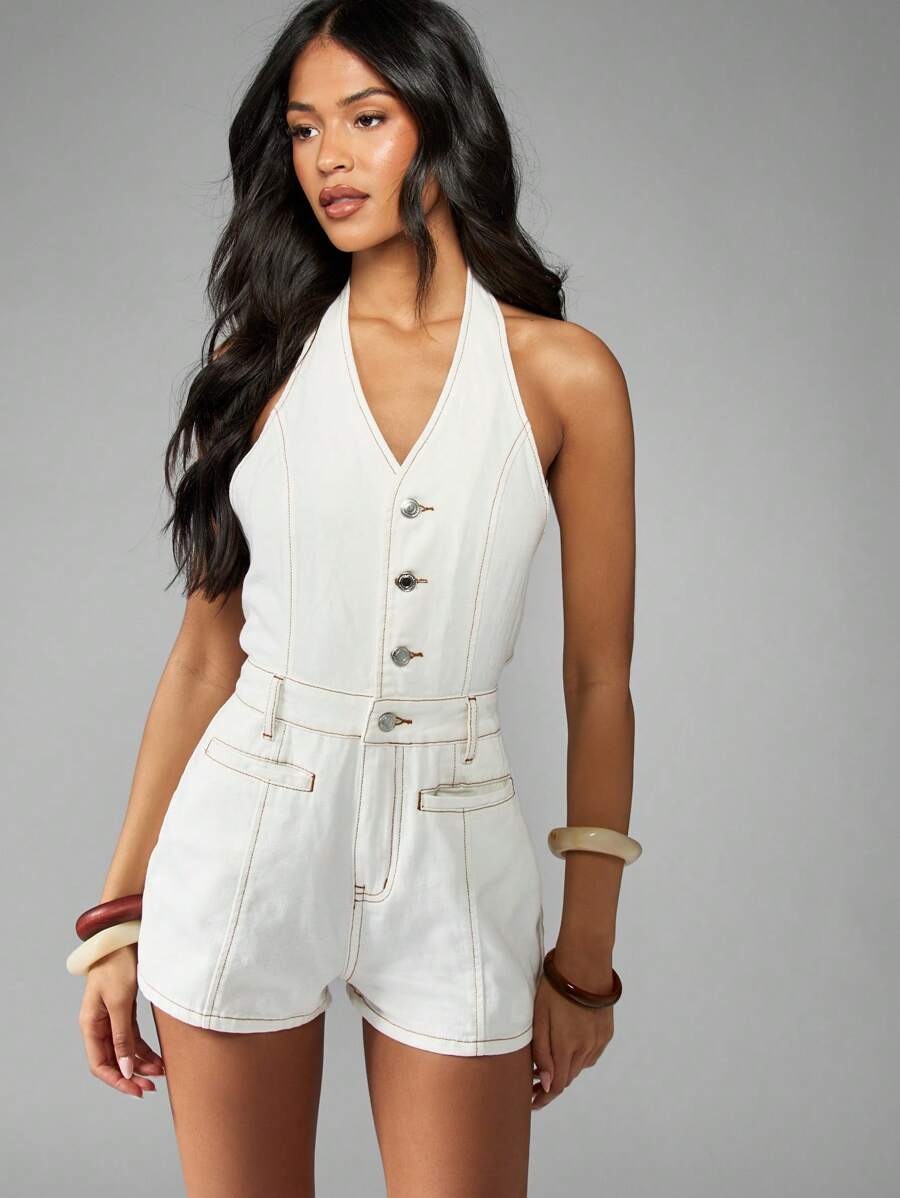 MISSGUIDED Retro Style Denim Halterneck Button Front Playsuit Festival Summer Beach Short Jumpsuit Casual Western - White - View 1