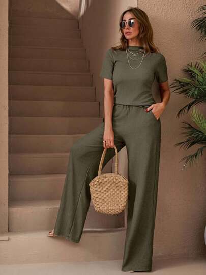 SHEIN PETITE SIZE WOMEN TEXTURE SOLID COLOR TSHIRT & STRETCH ELASTICAL FIT WAIST STRAIGHT TEXTU PANT CO ORD SET