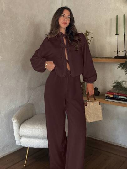 SHEIN Tall Tall Size Women Solid Color Wide Leg Baloon Sleeves Front Bow Tie Details Two Pieces Set