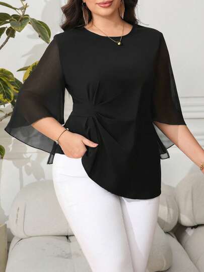 Reflora Blusa casual de mujer de talla grande con manga acampanada, pliegues en la cintura y unicolor