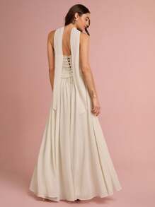 Enchnt Váy maxi công chúa ống chéo lưng xếp ly viền kem màu trắng lãng mạn mùa xuân/hè dành cho nữ kèm ruy băng, ngọt ngào và thanh lịch cho kỳ nghỉ, ngày lễ, ngày lễ, tiệc tùng, lễ tốt nghiệp và khách dự tiệc cưới, bãi biển và tiệc tối, váy dạ hội, váy mùa hè cho nữ, váy chống nắng cho nữ, quần áo mùa hè, váy thanh lịch cho tiệc tùng - Màu be - Xem 7