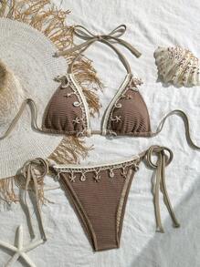 Swim Vcay 女士夏季纯色提花细肩带性感比基尼套装