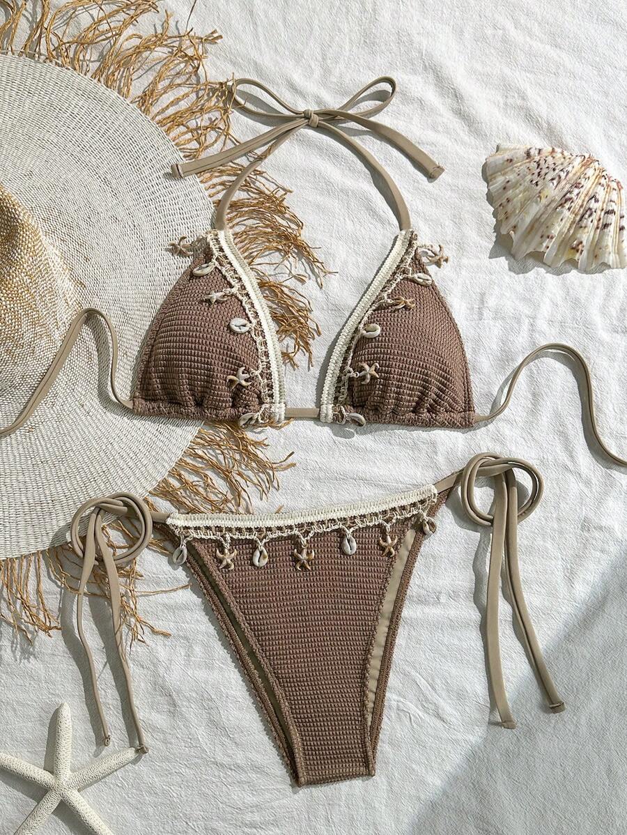 Swim Vcay 女士夏季纯色提花细肩带性感比基尼套装