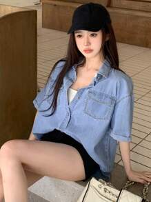 DAZY Jachetă de damă, cu mânecă scurtă, cu un singur piept - Albastru - Vizualizare 4