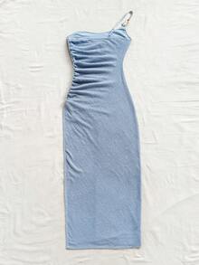 Soleia Đầm dài dệt kim họa tiết tổ ong bó sát xẻ tà cho nữ ngày lễ, viền rút dây, thích hợp cho tiệc tùng, hẹn hò, gợi cảm, trà chiều, bãi biển, mùa hè, lễ hội âm nhạc, mùa cưới - Màu xanh lam - Xem 2