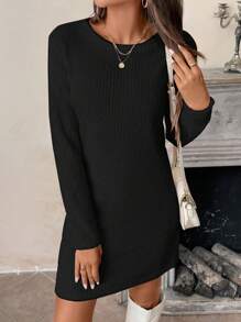 SHEIN LUNE 女士休闲纯色长袖基本款迷你连衣裙，适合日常穿着，秋冬季 - 黑色 - 查看 3