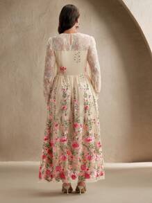 Anewsta 女士优雅花卉刺绣半透明蕾丝拼接泡泡袖连衣裙，适合派对、约会、节日出游和度假穿着 - 杏色 - 查看 2