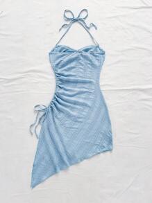 Soleia 度假吊带系带粉色纹理面料不对称下摆连衣裙