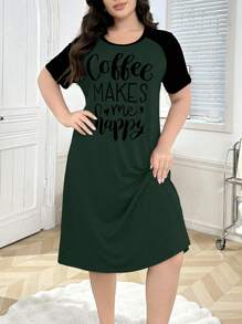 SHEIN Áo ngủ tay raglan in chữ cỡ lớn màu tương phản thường ngày - màu xanh lá - Xem 5