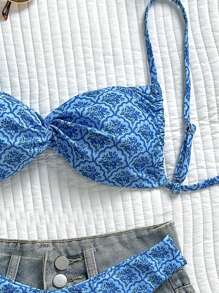 Swim Mod Springbreak Women Printed Spaghetti Strap Twisted High Cut Sexy Bikini Set, Beachwear Summer Outfits - Multicolor - View 3