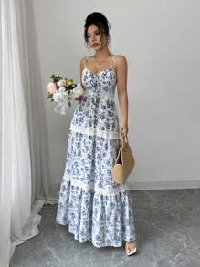 Rafferiza Váy suông in hoa cho nữ có cạp chun eo, trang phục nghỉ dưỡng thanh lịch - Xanh và trắng - Xem 3