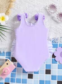 Purple Cute Newborn Baby Girl One-Piece Swimsuit,Swan Print Bow Decor Zipper Front Infant Swimming Suit For Summer Vacation Holiday - Purple - View 2