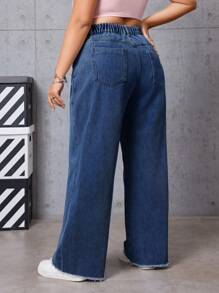 SHEIN ICON 夏季大码女式宽松蓝色带口袋牛仔裤 - 深色水洗藍 - 查看 2